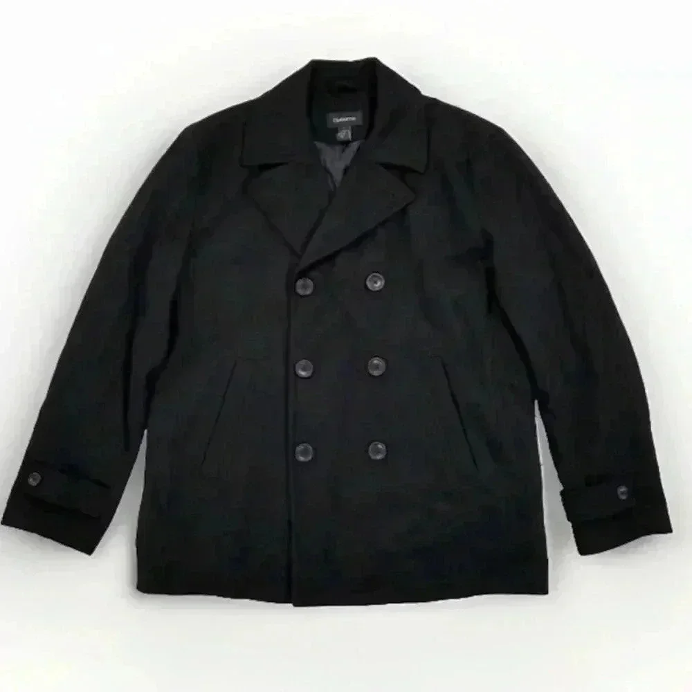 Men's New Claiborne Wool-Blend‎ Black Double Breasted Pea Coat Size: Small